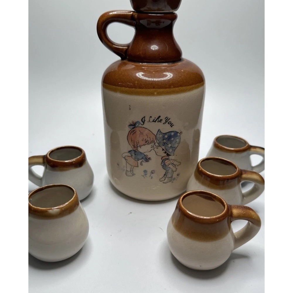 Vintage Brown/Tan, Glazed Ceramic Moonshine Jug with 5 "Shot" Cups
